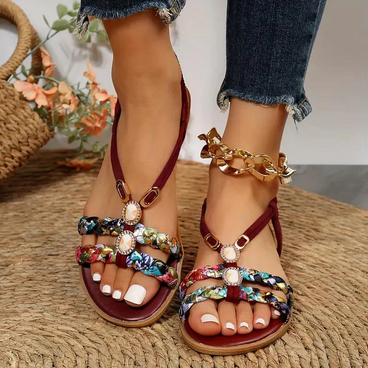 Women's Woven Flat Sandals with Floral Patterns and Jewelry Accents Red