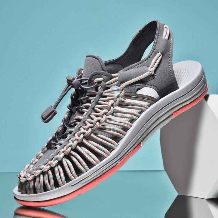 Women's Woven Paracord Sandals with Stopper Closure and Rubber Sole Gray Pink