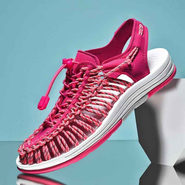 Women's Woven Paracord Sandals with Stopper Closure and Rubber Sole Pink Red