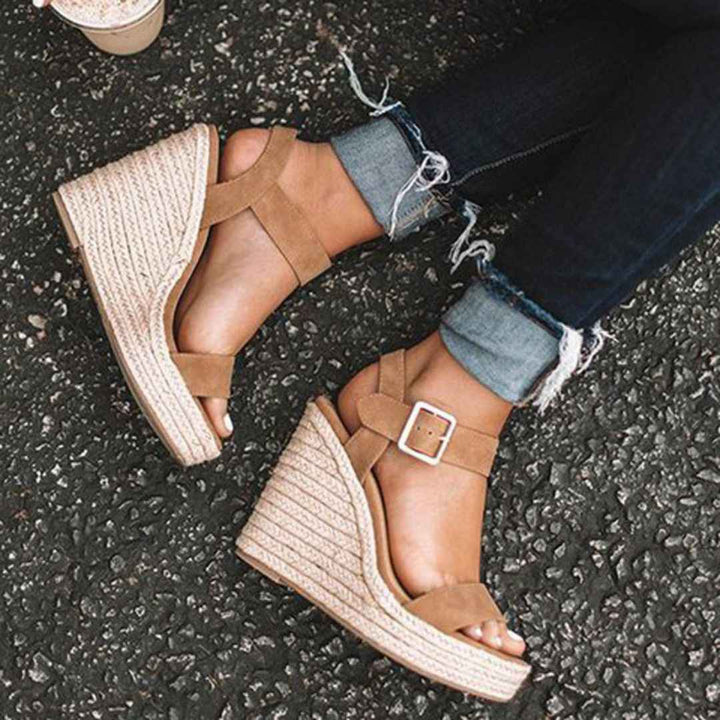 Women's Woven Platform Wedge Espadrilles with Adjustable Ankle Strap
