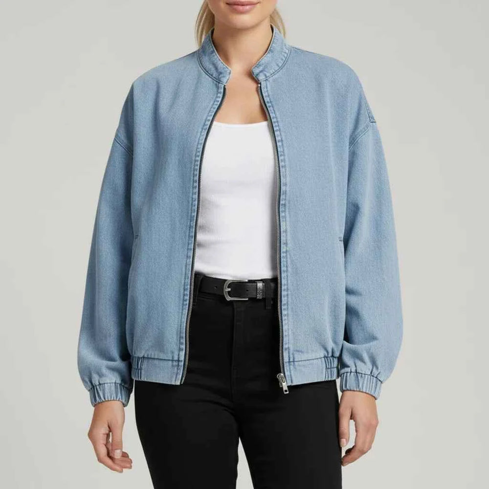 Women's Zip-Up Denim Bomber Jacket