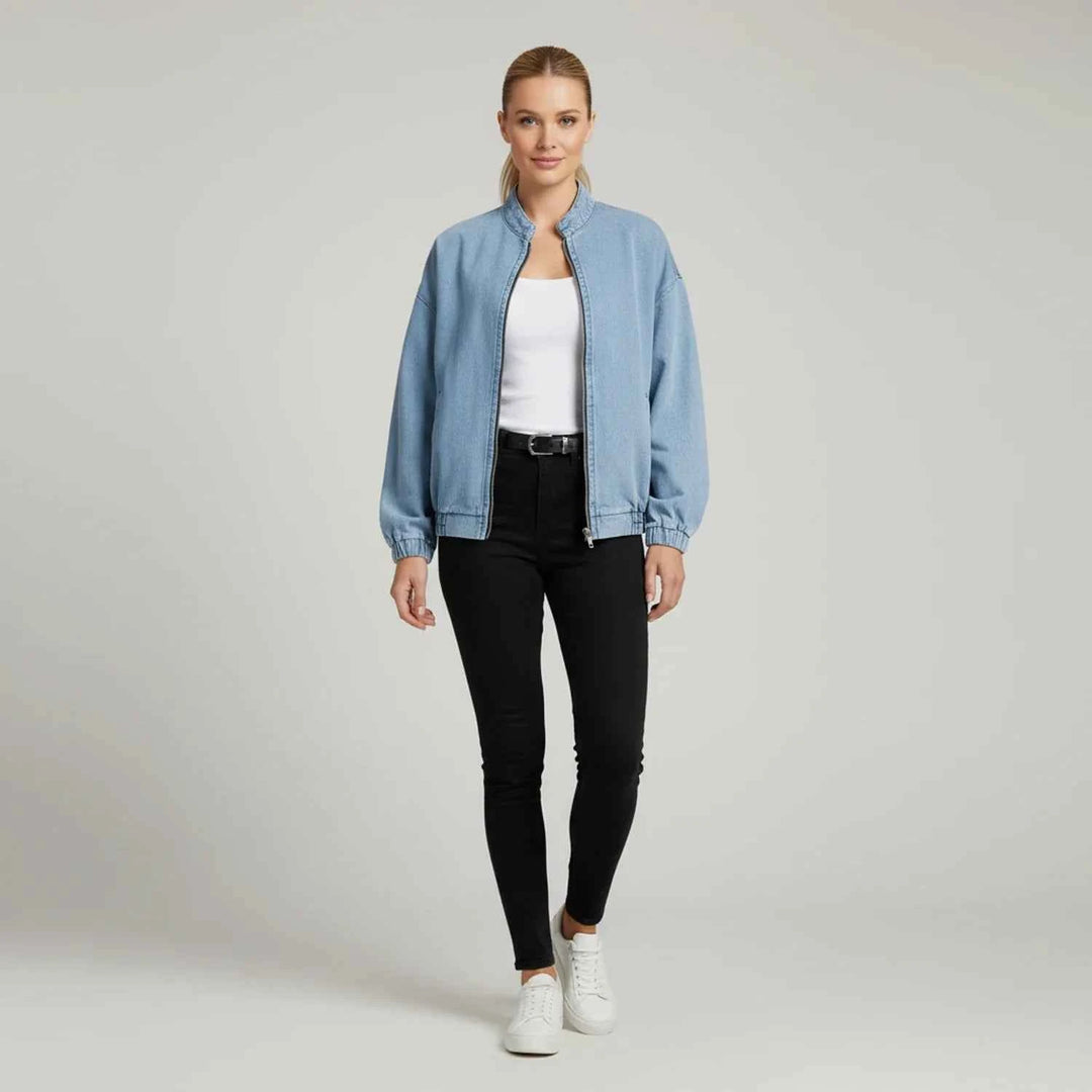 Women's Zip-Up Denim Bomber Jacket
