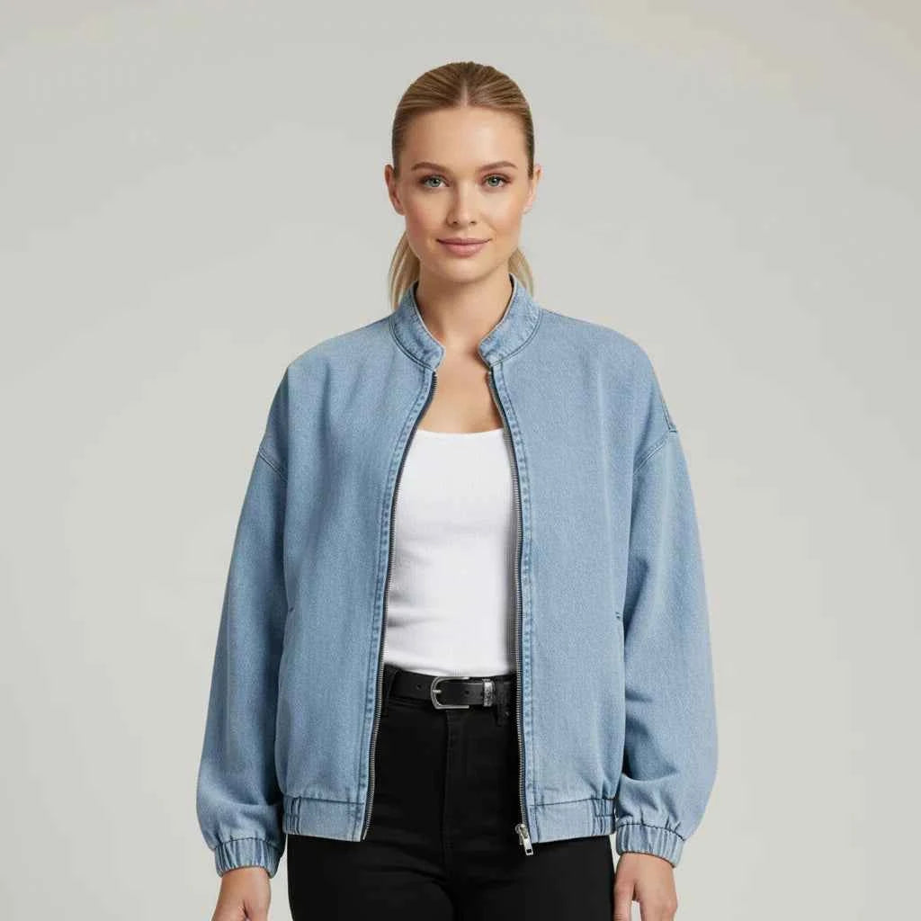 Women's Zip-Up Denim Bomber Jacket Blue One Size