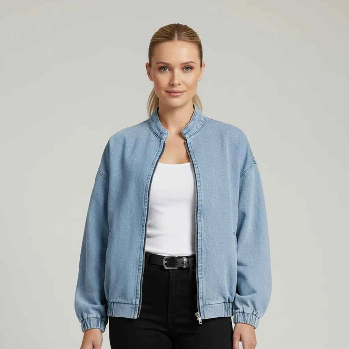 Women's Zip-Up Denim Bomber Jacket Blue One Size