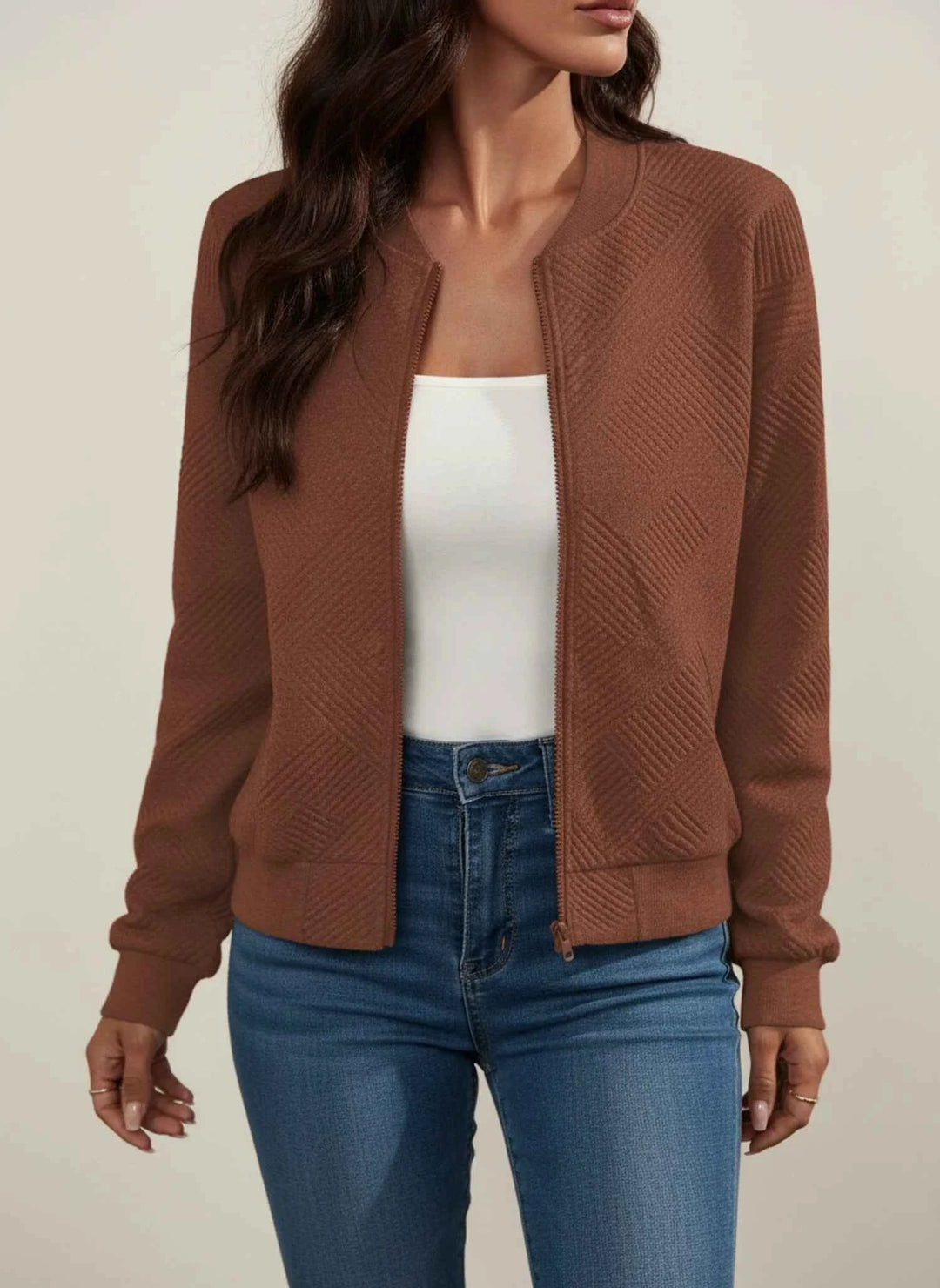 Women's Zip-Up Ribbed Bomber Jacket Brown