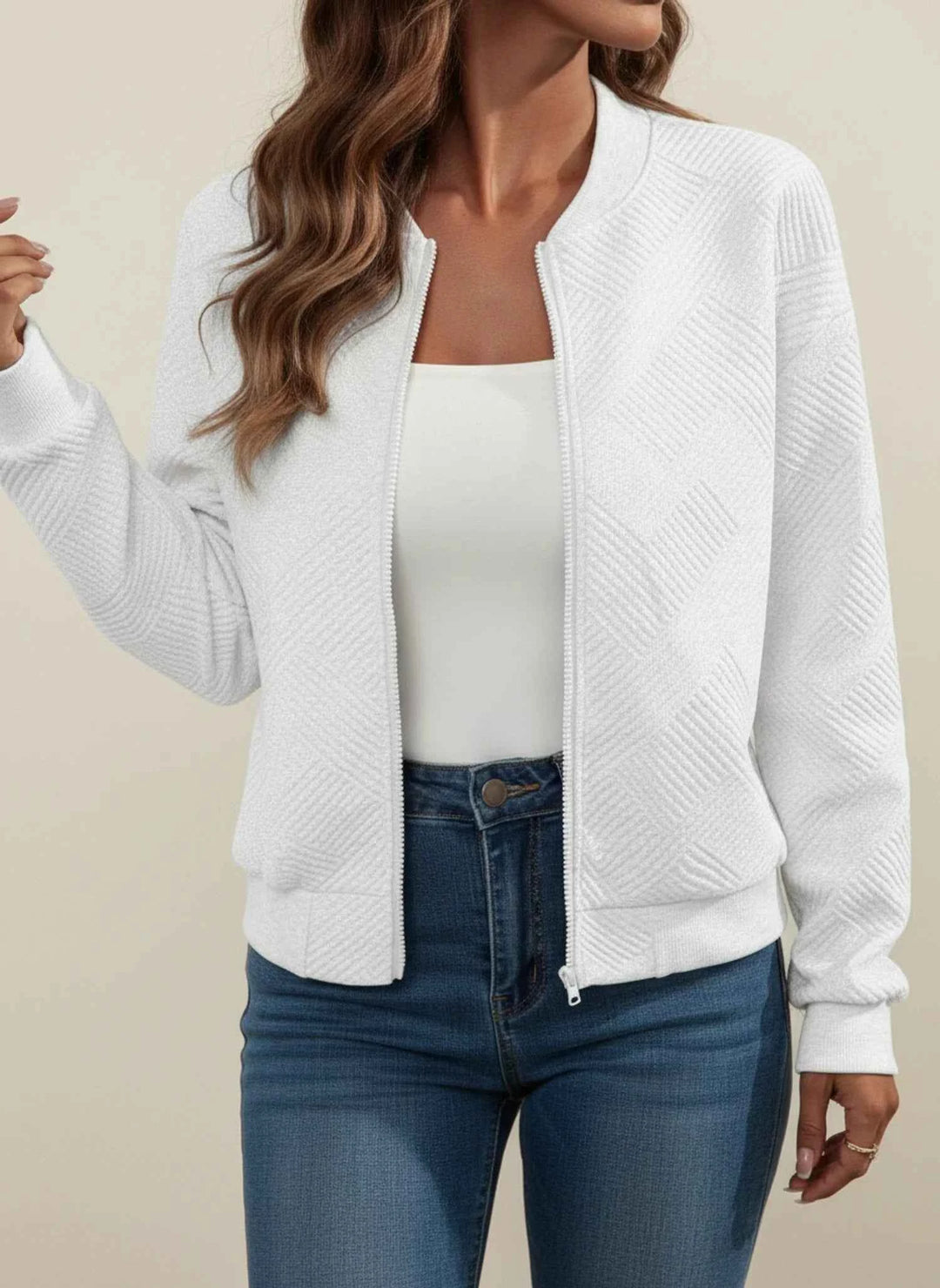 Women's Zip-Up Ribbed Bomber Jacket White