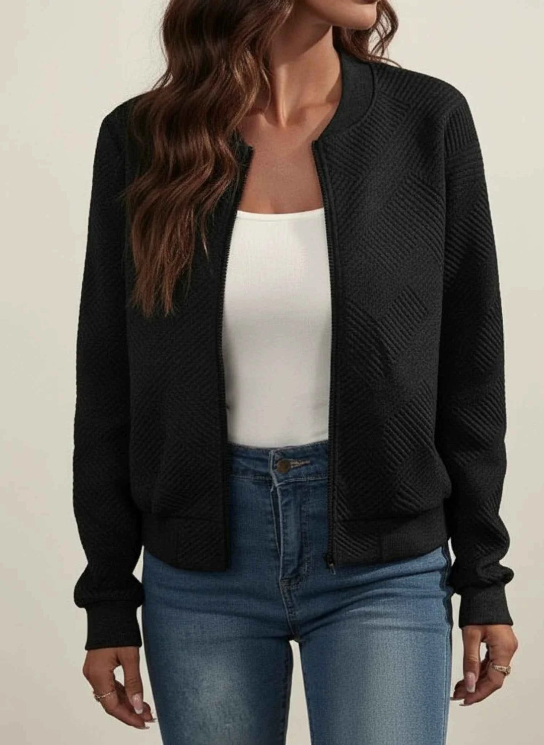 Women's Zip-Up Ribbed Bomber Jacket Black