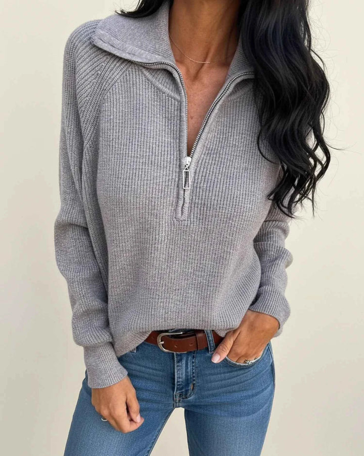 Women's Zip-Up Ribbed Sweater Gray