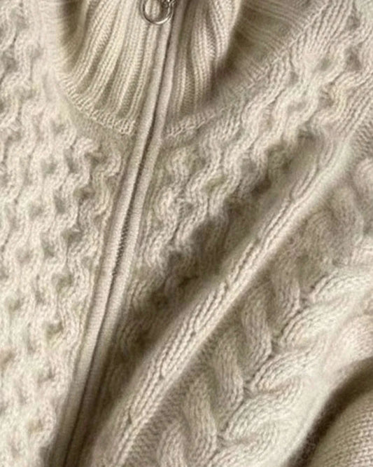 Women's Cable Knit Zip Up Relaxed Fit Long Sleeve Beige Sweater