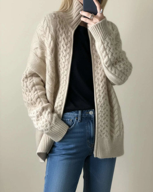 Women's Cable Knit Zip Up Relaxed Fit Long Sleeve Beige Sweater Beige