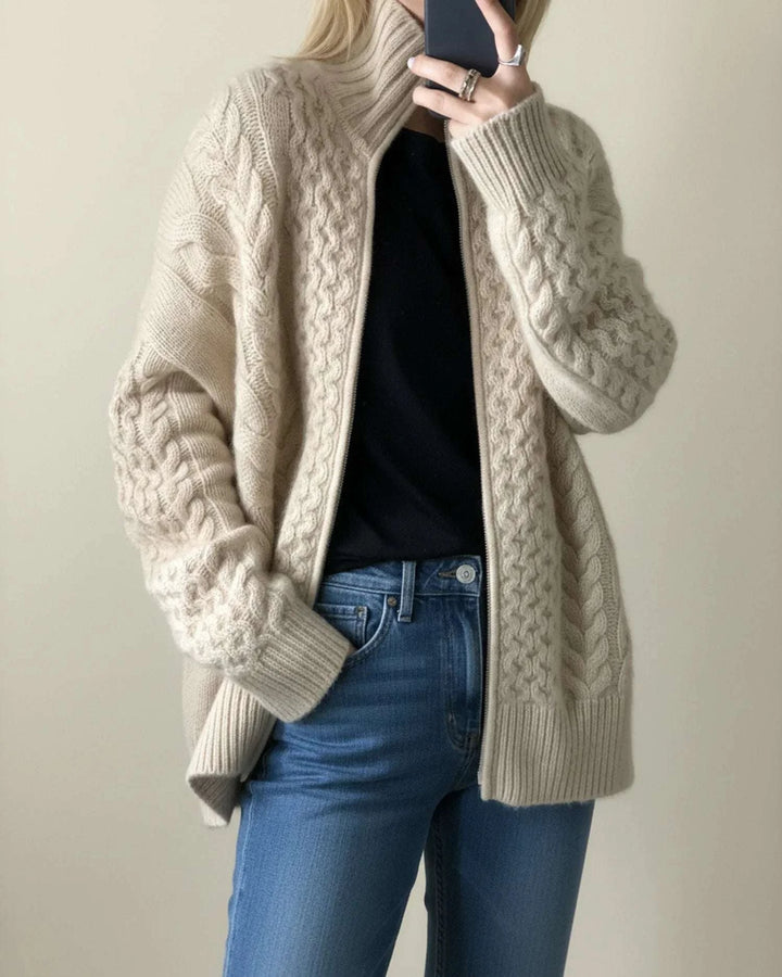 Women's Zipper Knit Sweater Beige