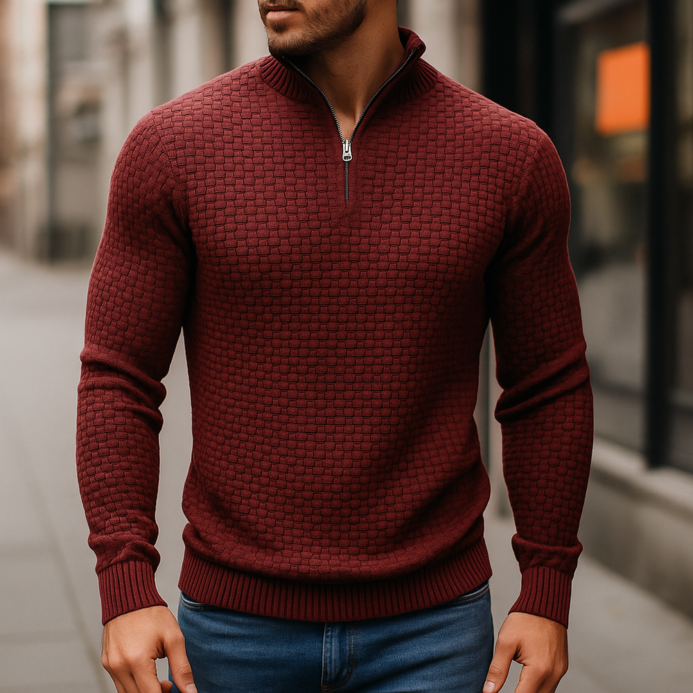 Wool Waffle Knit Sweater for Men Burgundy