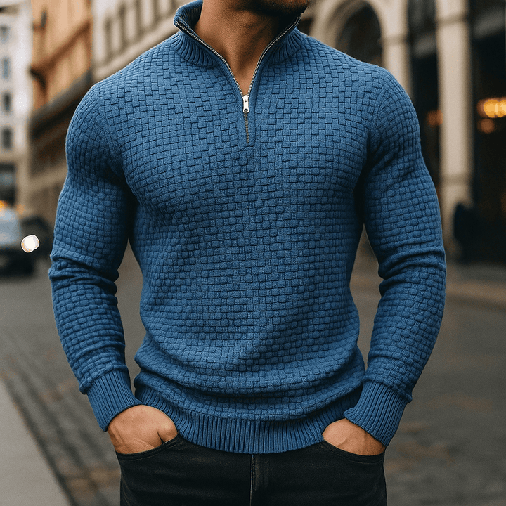 Wool Waffle Knit Sweater for Men Blue