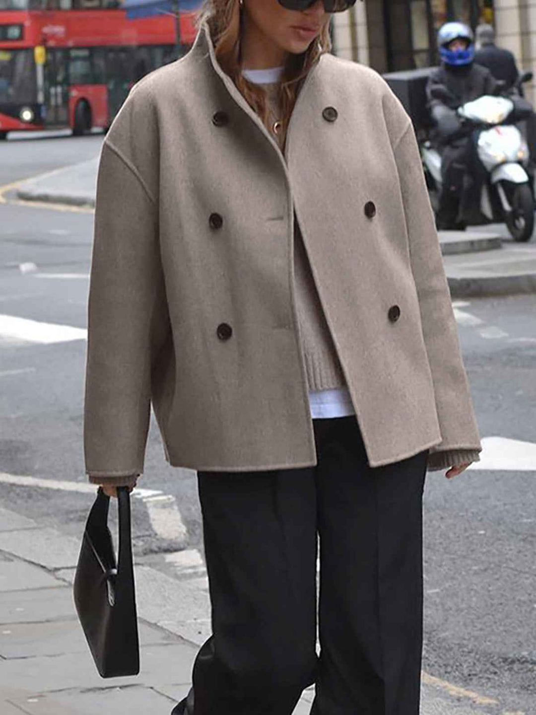 Wool Women's Tailored Coat – Double Row Buttons & Stand-up Collar