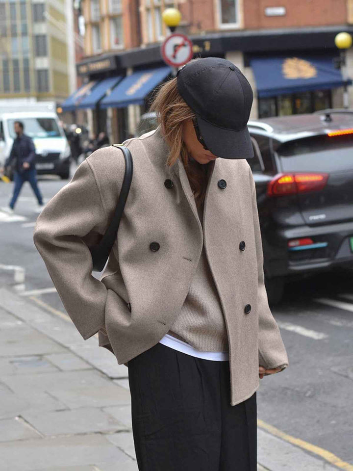 Wool Women's Tailored Coat – Double Row Buttons & Stand-up Collar