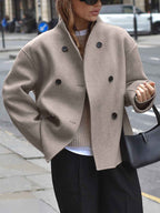 Women's Beige Wool Tailored Double Row Button Stand Collar Coat Beige