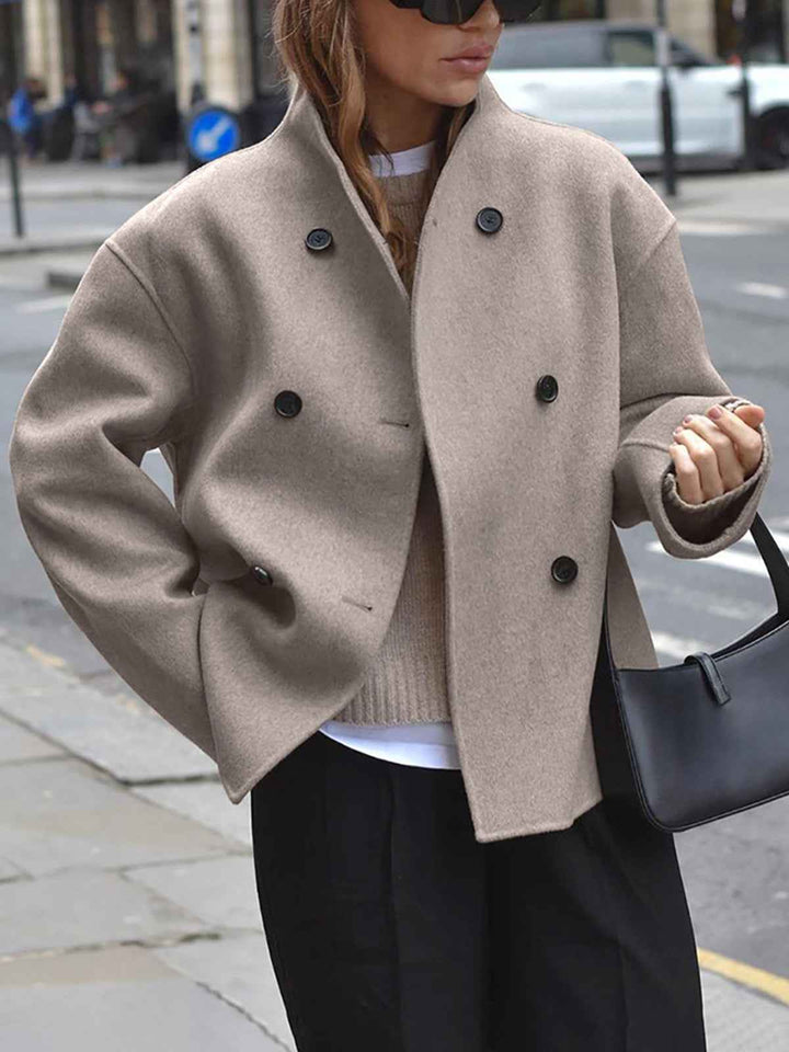 Wool Women's Tailored Coat – Double Row Buttons & Stand-up Collar Beige