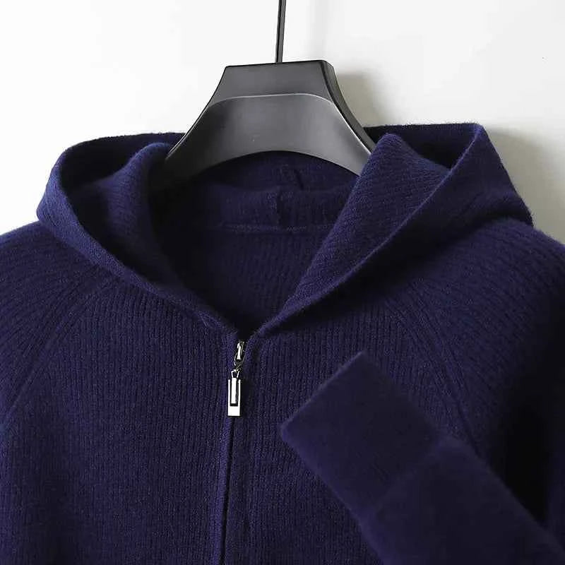 Wool Zip Hoodie Cardigan Men ‒ Thick Knit Autumn/Winter Zip Jacket Dark Blue