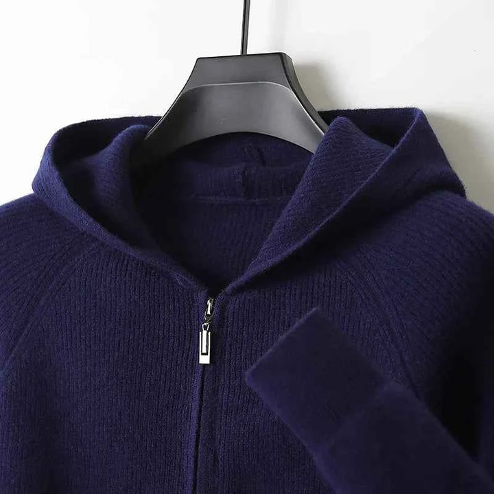 Wool Zip Hoodie Cardigan Men ‒ Thick Knit Autumn/Winter Zip Jacket Dark Blue