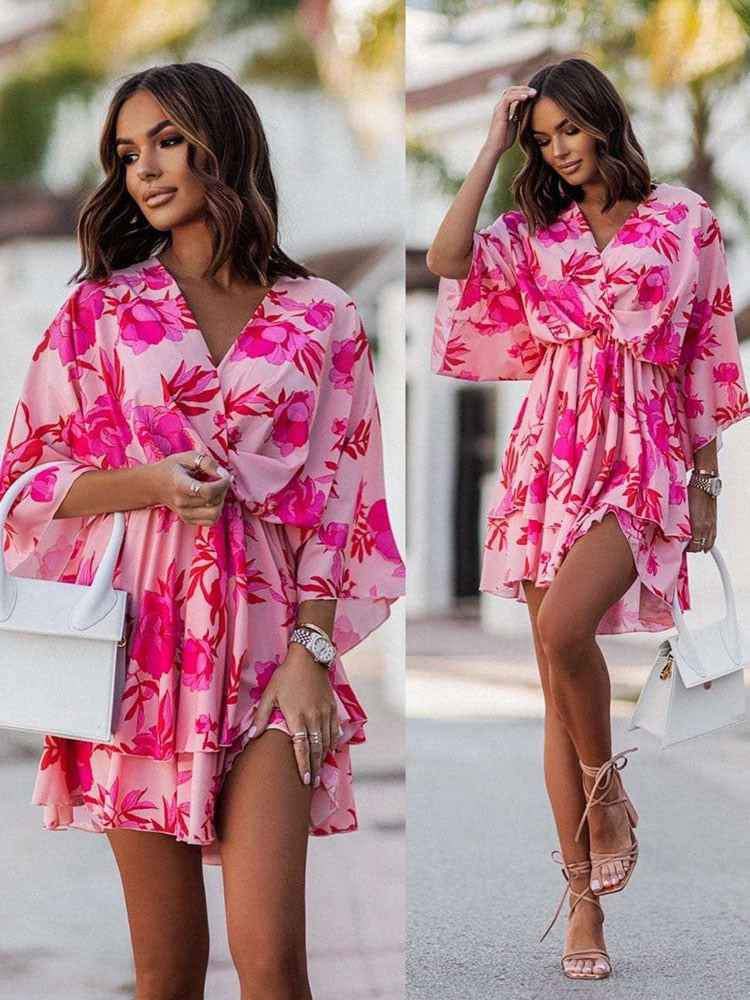 Women's V-Neck Mini Dress – Wrap Style with Ruffles – Lightweight and Elegant