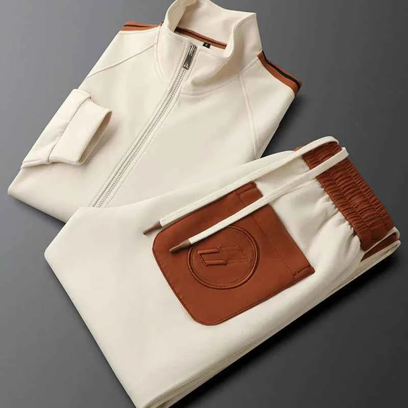 Polyester Tracksuit Set Pockets Cream Black Two-Piece Cream