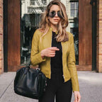Women's Polyester Zip-front Stand Collar Side Pockets Jacket Yellow