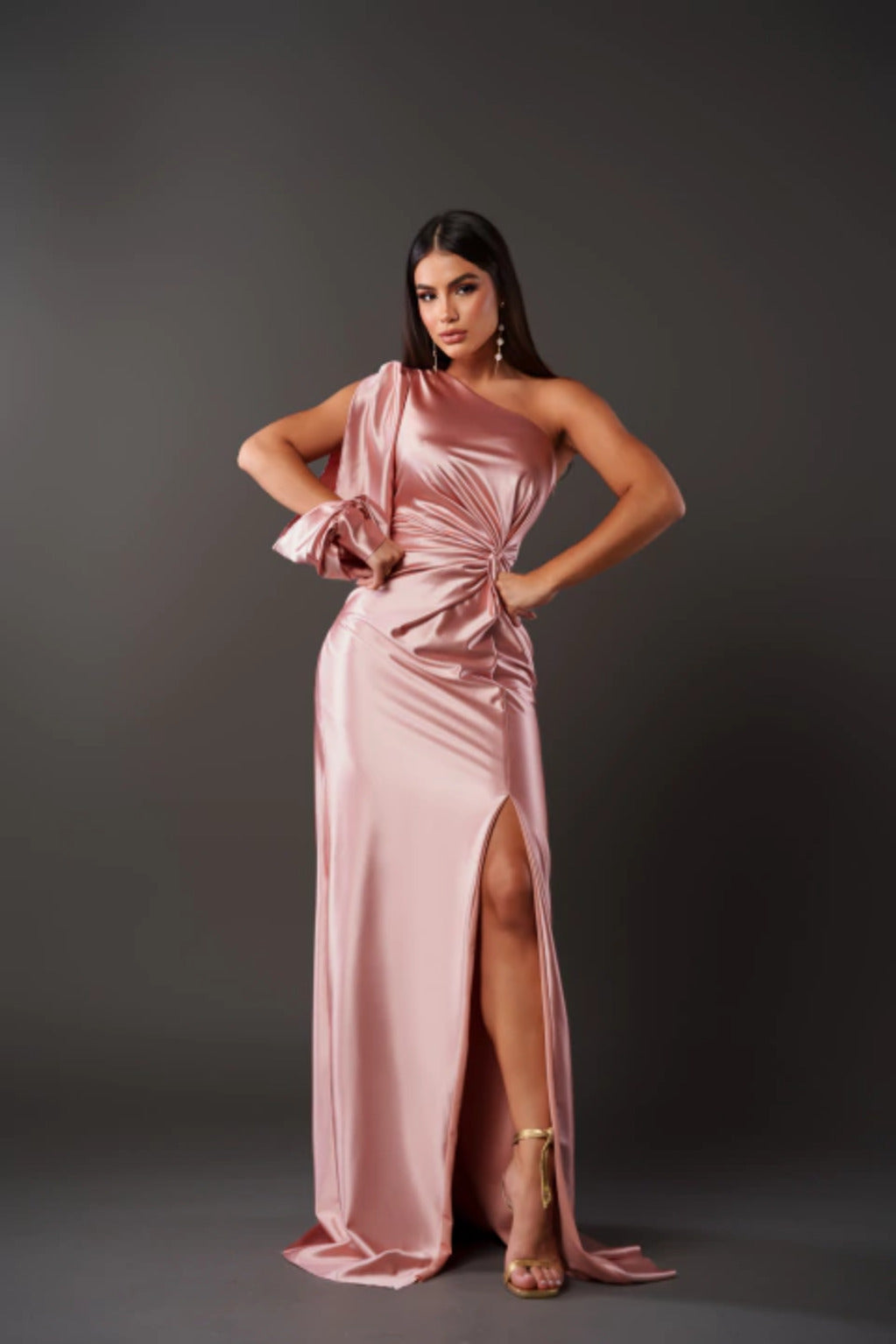 Zita | Women's Elegant Satin One-Shoulder Evening Dress with Split Pink
