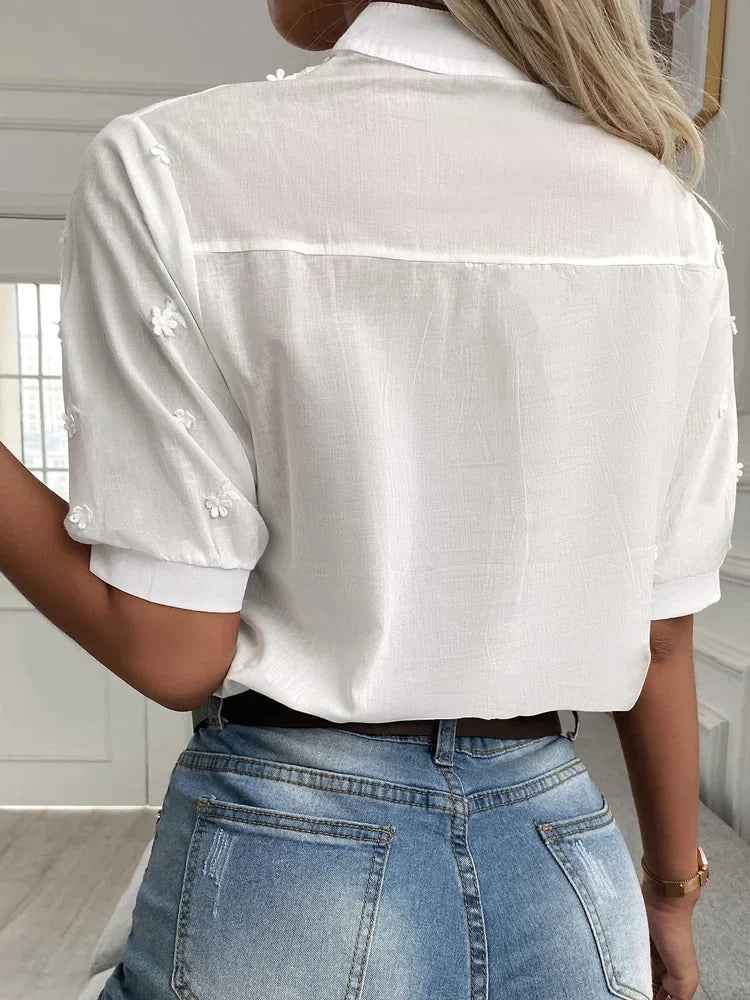 Women's Lightweight Cotton Blouse - Embroidered - Regular Fit - Mao Collar - Three-Quarter Sleeves