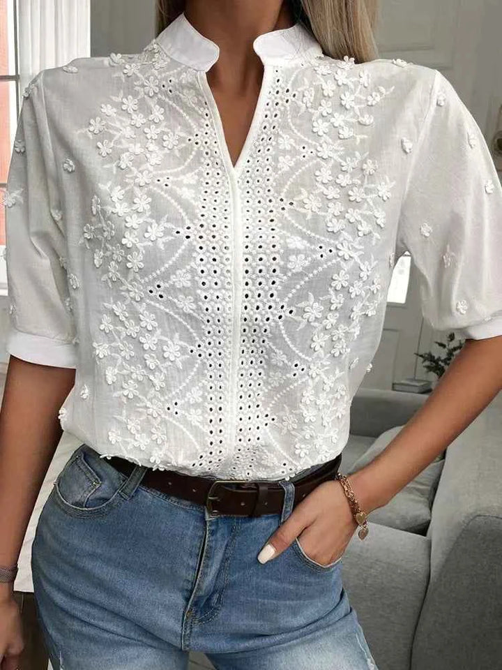 Women's Lightweight Cotton Blouse - Embroidered - Regular Fit - Mao Collar - Three-Quarter Sleeves