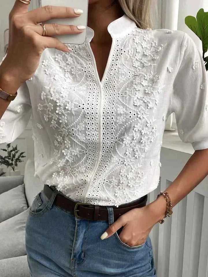 Women's Lightweight Cotton Blouse - Embroidered - Regular Fit - Mao Collar - Three-Quarter Sleeves