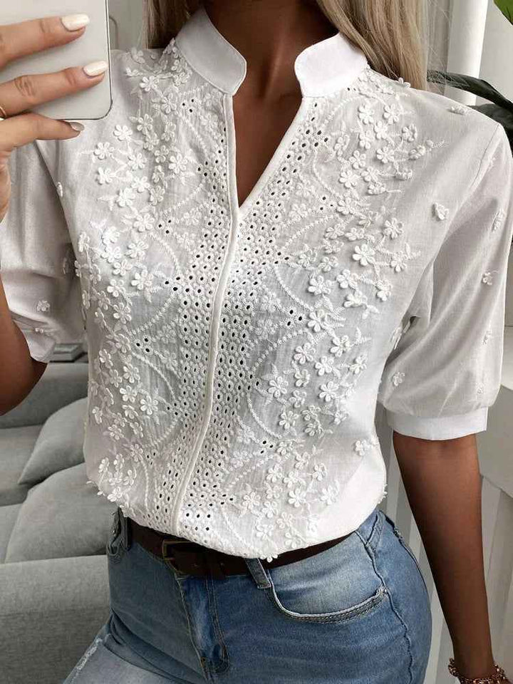 Women's Lightweight Cotton Blouse - Embroidered - Regular Fit - Mao Collar - Three-Quarter Sleeves White