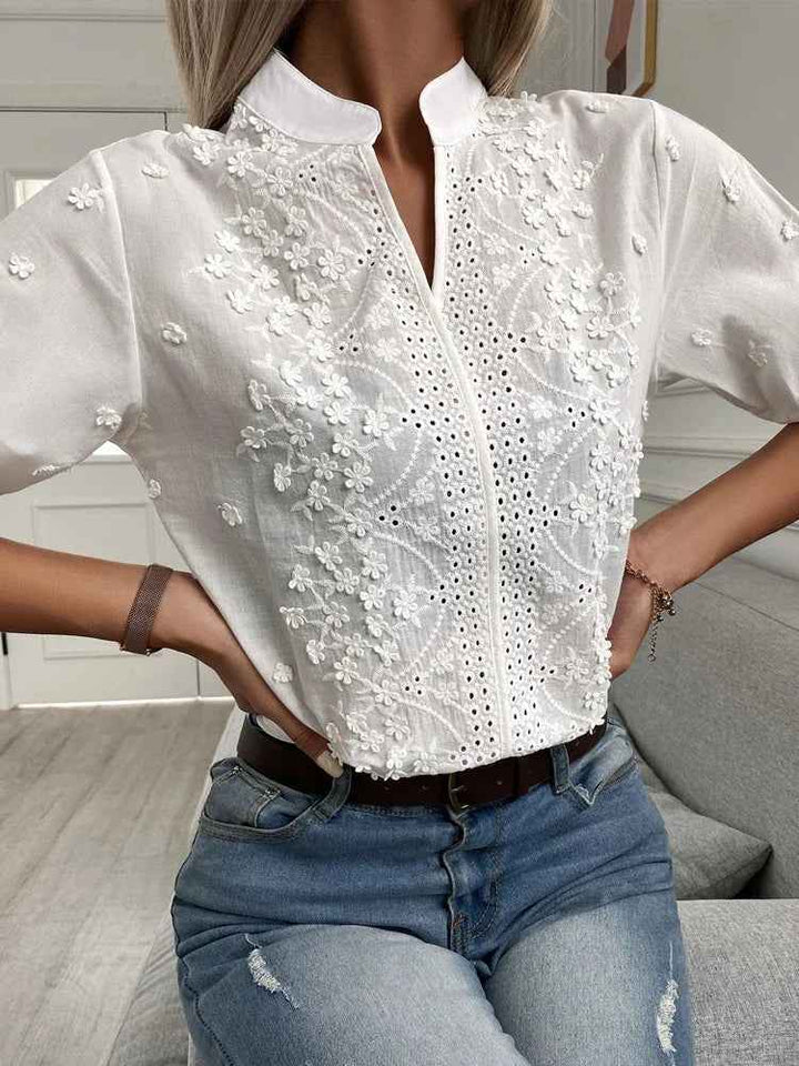 Women's Lightweight Cotton Blouse - Embroidered - Regular Fit - Mao Collar - Three-Quarter Sleeves