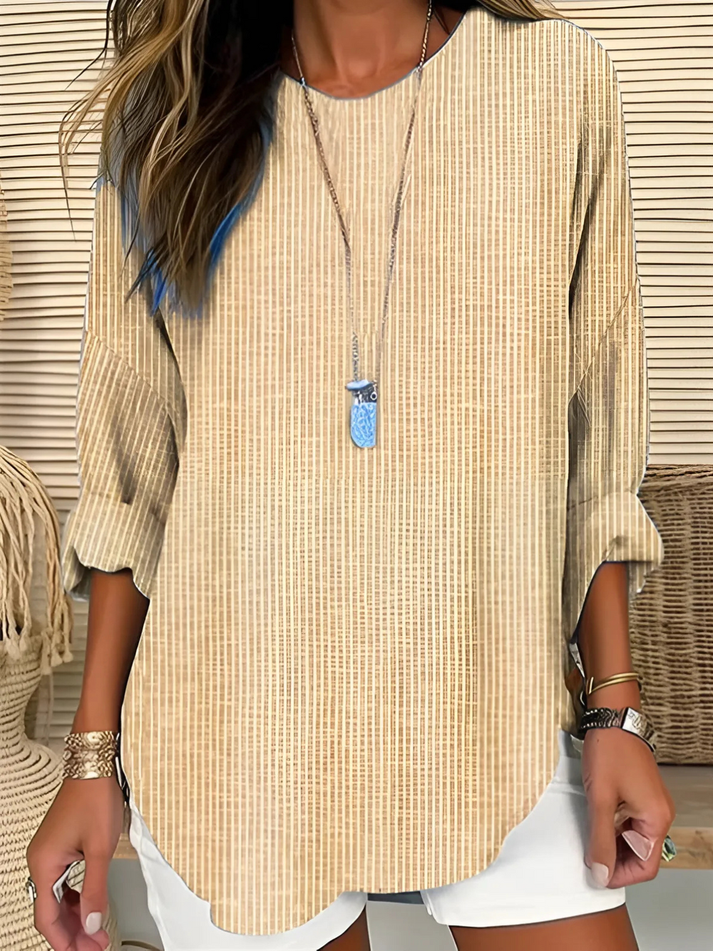 Women's Chic Striped Silhouette Blouse Khaki