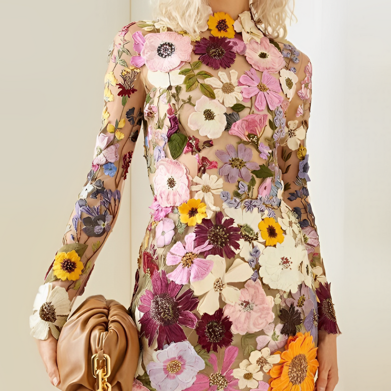 Women's Long Sleeve Dress - Figure-Flattering with 3D Flower Applique & High Neck Pink