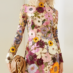 Women's Long Sleeve Dress - Figure-Flattering with 3D Flower Applique & High Neck Pink