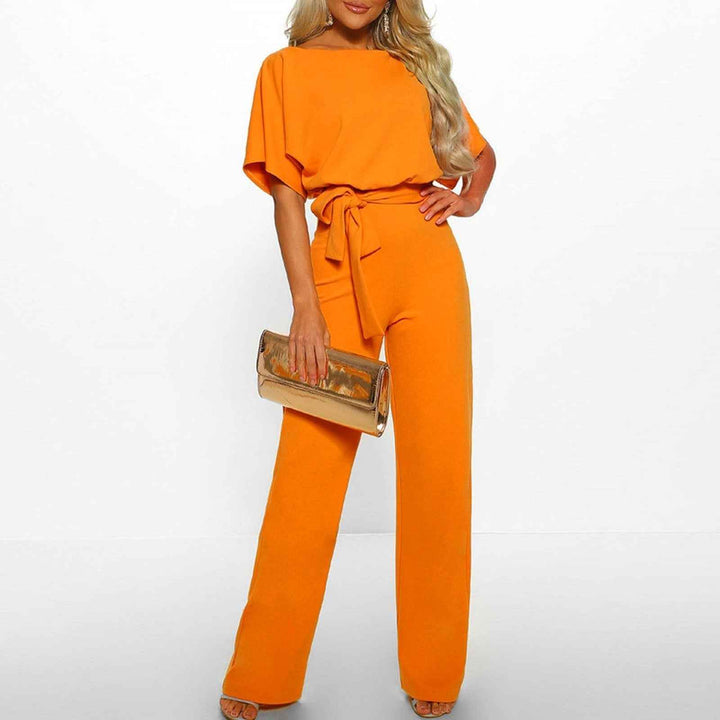 Women's Short-Sleeve Jumpsuit with Belted Waist Yellow