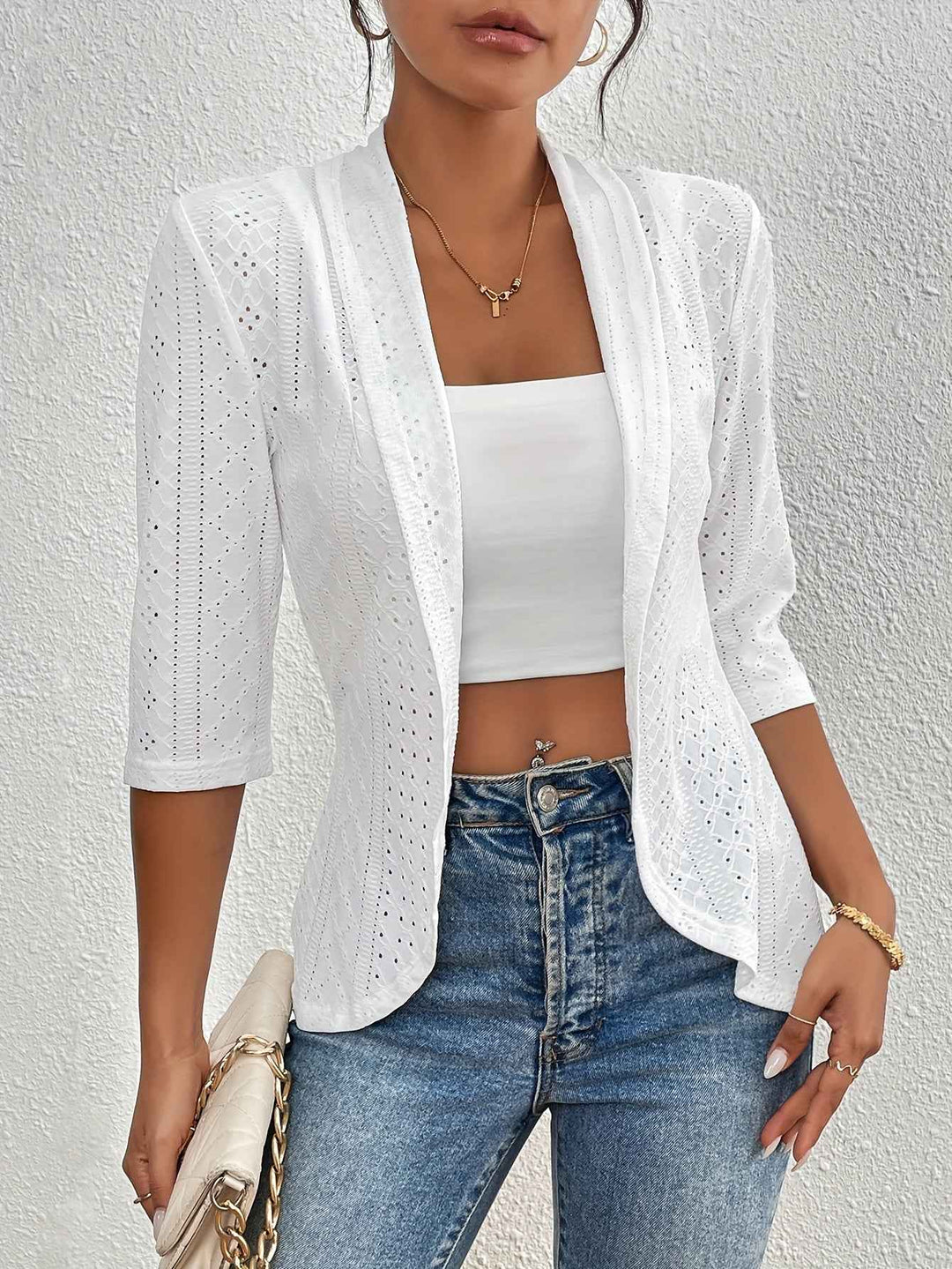 Women's Semi-Fitted Open Front Blazer with 3/4 Sleeves and Airy Eyelet Design White
