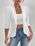 Women's Semi-Fitted Open Front Blazer with 3/4 Sleeves and Airy Eyelet Design White