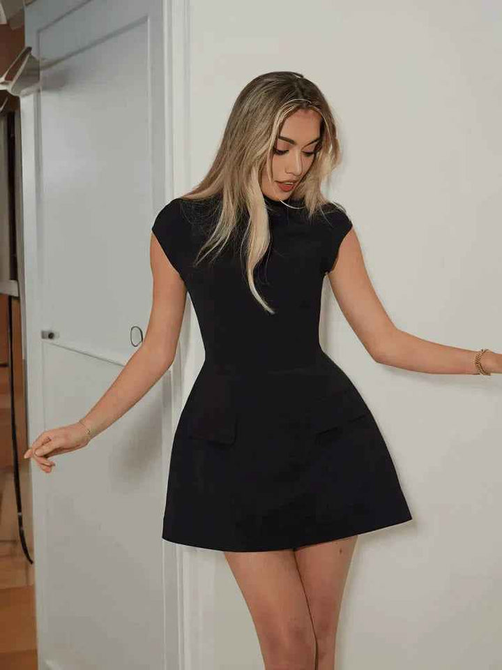 Women's A-Line Mini Dress – Fitted, Round Neck, Short Sleeves Black