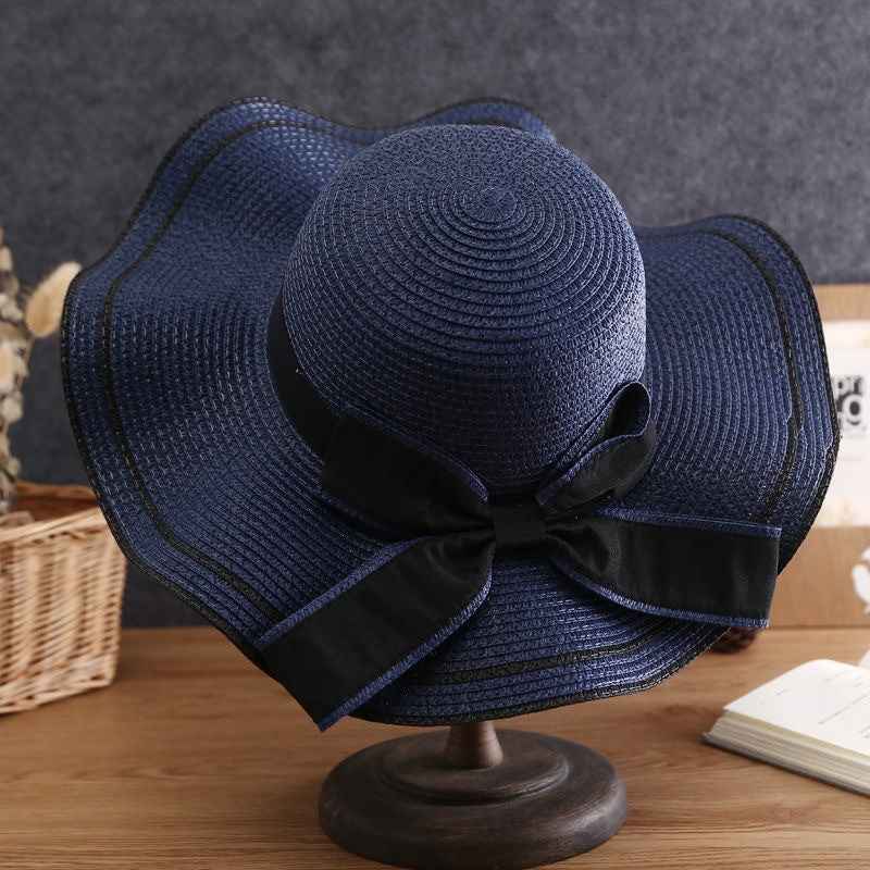 Summer Sun Hat Women Straw Hats Sunshade Panama Fashion Bow Beach Hat Foldable Travel Caps A Navy Blue