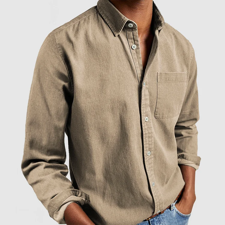 Men's Cotton Long Sleeve Shirt with Chest Pocket - Regular Fit Khaki