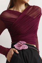 Damen Langarmshirt aus gerafftem Mesh