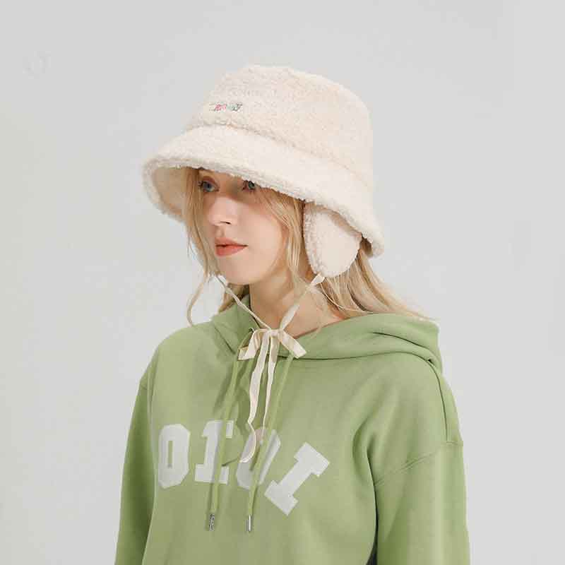 Female Lamb Hair Ear Protection Fisherman Hat White One size