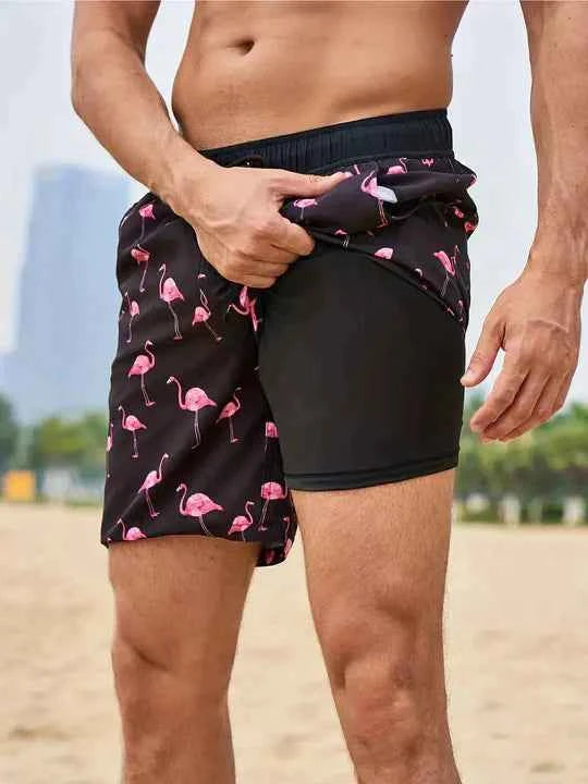 Men's Stylish Swim Shorts with Lining and Phone Pocket Black flamingo