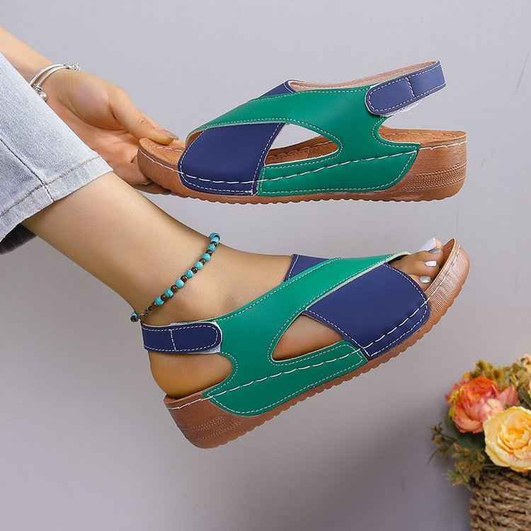 Summer Wedges Sandals With Colorblock Cross-strap Design Casual Thick-soled Roman Shoes For Women Blue Green