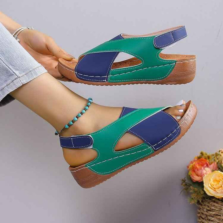 Summer Wedges Sandals With Colorblock Cross-strap Design Casual Thick-soled Roman Shoes For Women Blue Green