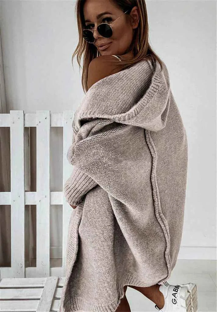 Women's Oversized Knitted Wool Blend Cardigan with Hood Grey