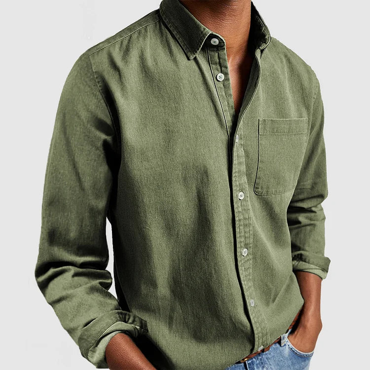 Men's Cotton Long Sleeve Shirt with Chest Pocket - Regular Fit Green