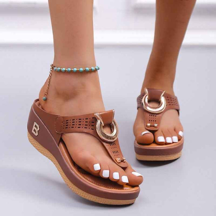 Women's High Heel Wedge Thong Sandals with Metal Accents