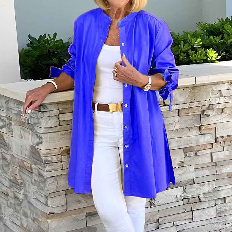 Women's Relaxed Fit Tunic Blouse – Breathable Long Sleeve with Button Closure Blue